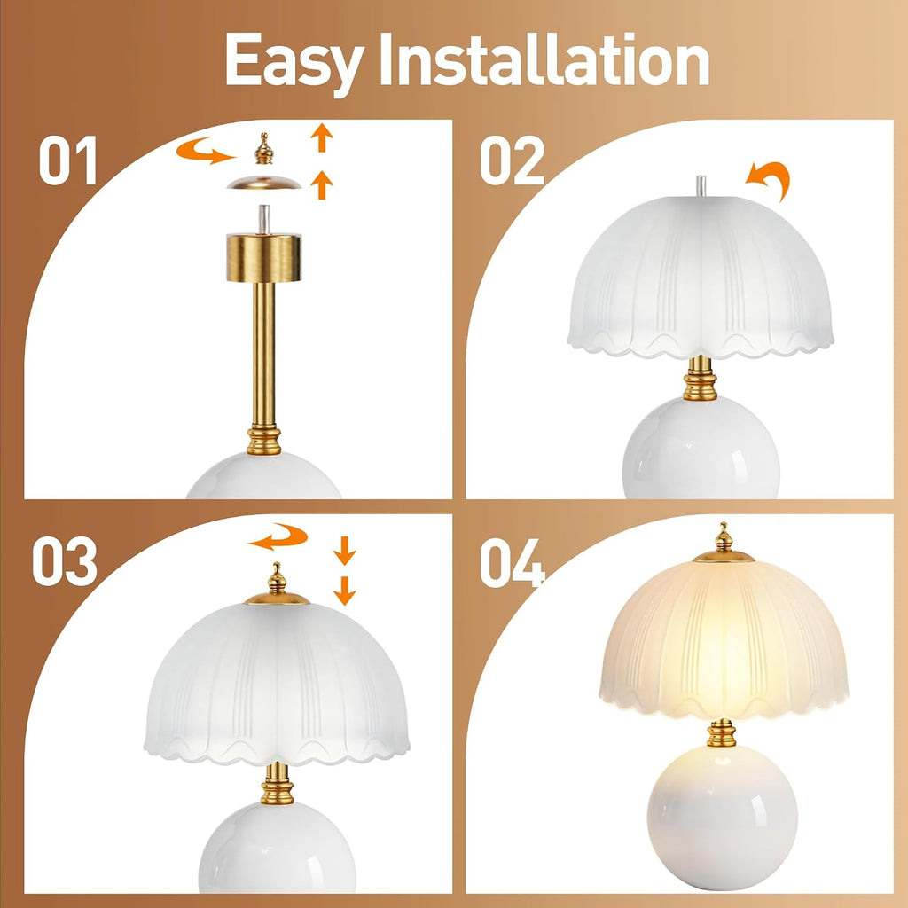 Mushroom Table Lamp, Ceramic Bedside Lamp with Glass Shade, 3-Way Lighting (2700K-5000K) Rocker Switch, Small Nightstand Lamp for Bedroom, Living Room, Office, White