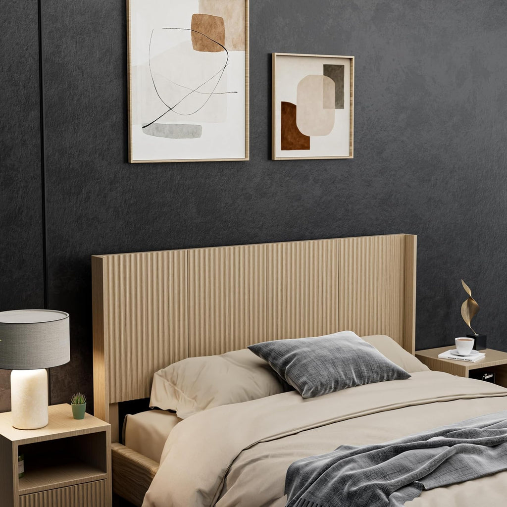 Wooden Queen Size Headboard Only, 64.5" Wide Farmhouse Headboards with Wall Mounted Fluted Panel & Wingback for Bedroom, Oak