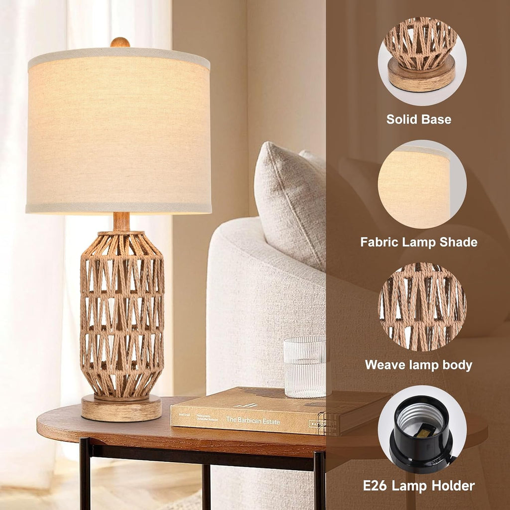 22.5” Rattan Table Lamp Set of 2, Woven Boho Lamp for Bedroom Living Room, 11X11X9 Fabric Drum Shade, E26 Base (Max 60W), Stable Wood Base for Nightstand Console
