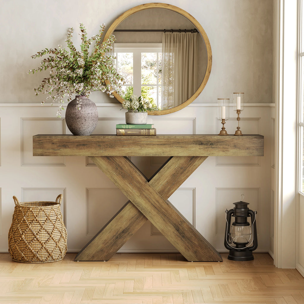 Narrow Console Table, 140 Cm Country-Style Entryway Table, X-Shaped Coffee Table behind the Sofa for Living Room, Entrance Area, Foyer, Hallway, Rustic Brown