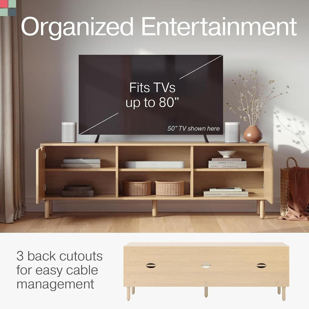 Contemporary Fluted TV Stand, 70 Inches TV Media Console, Supports 32 to 80" Tvs, Media Console Cabinet for Living Room and Bedrooms, Soft-Close Cabinet Doors (Light Oak)