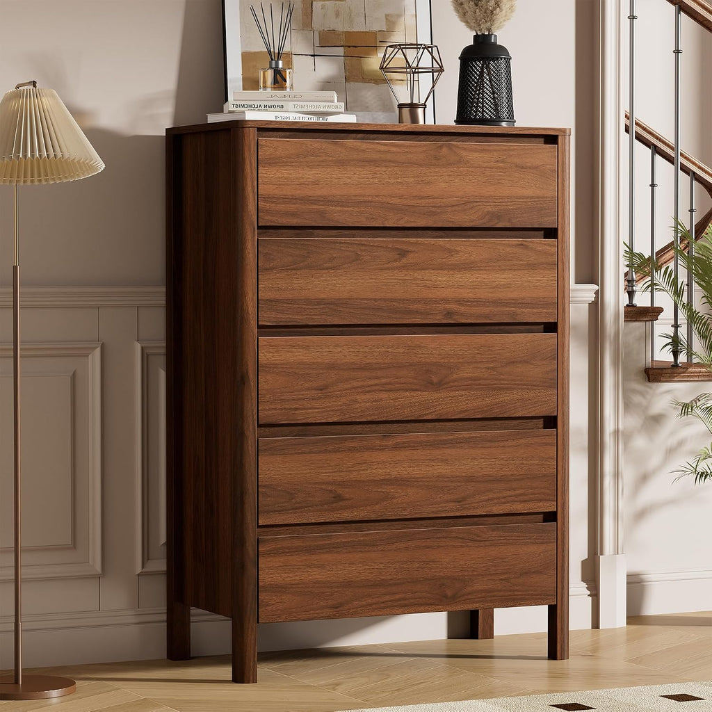 Walnut Dresser for Bedroom, 5 Drawer Dresser with Wood Legs, Tall Wood Dresser, Mid Century Modern Chest of Drawers, Large Storage Bedroom Furniture, Walnut