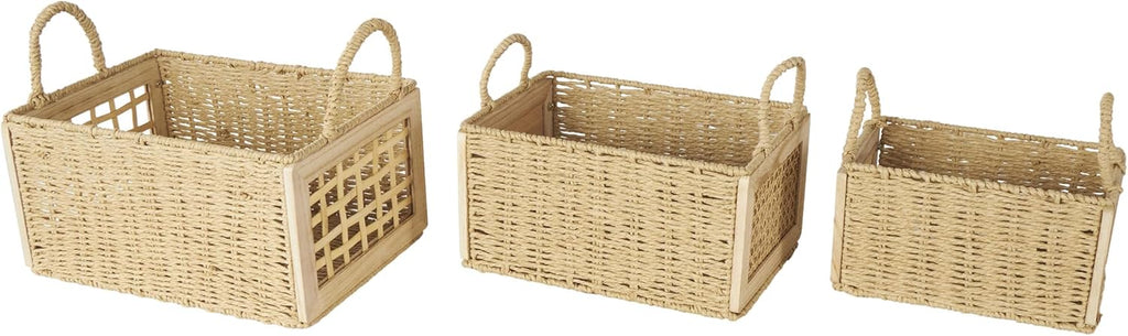 Deco 79 Rattan Decorative and Functional Storage Basket Woven Basket Organizer with Handles, Set of 3 Basket for Storage 14", 12", 11" W, Brown