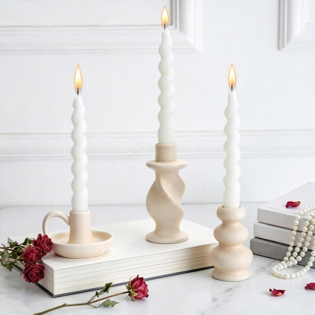 Ceramic Taper Candle Holders, Nordic Candlestick Holder Set of 3 | Cream White Modern Decorative Candle Stand for Home Decor, Dining Table Centerpiece, Housewarming Gift