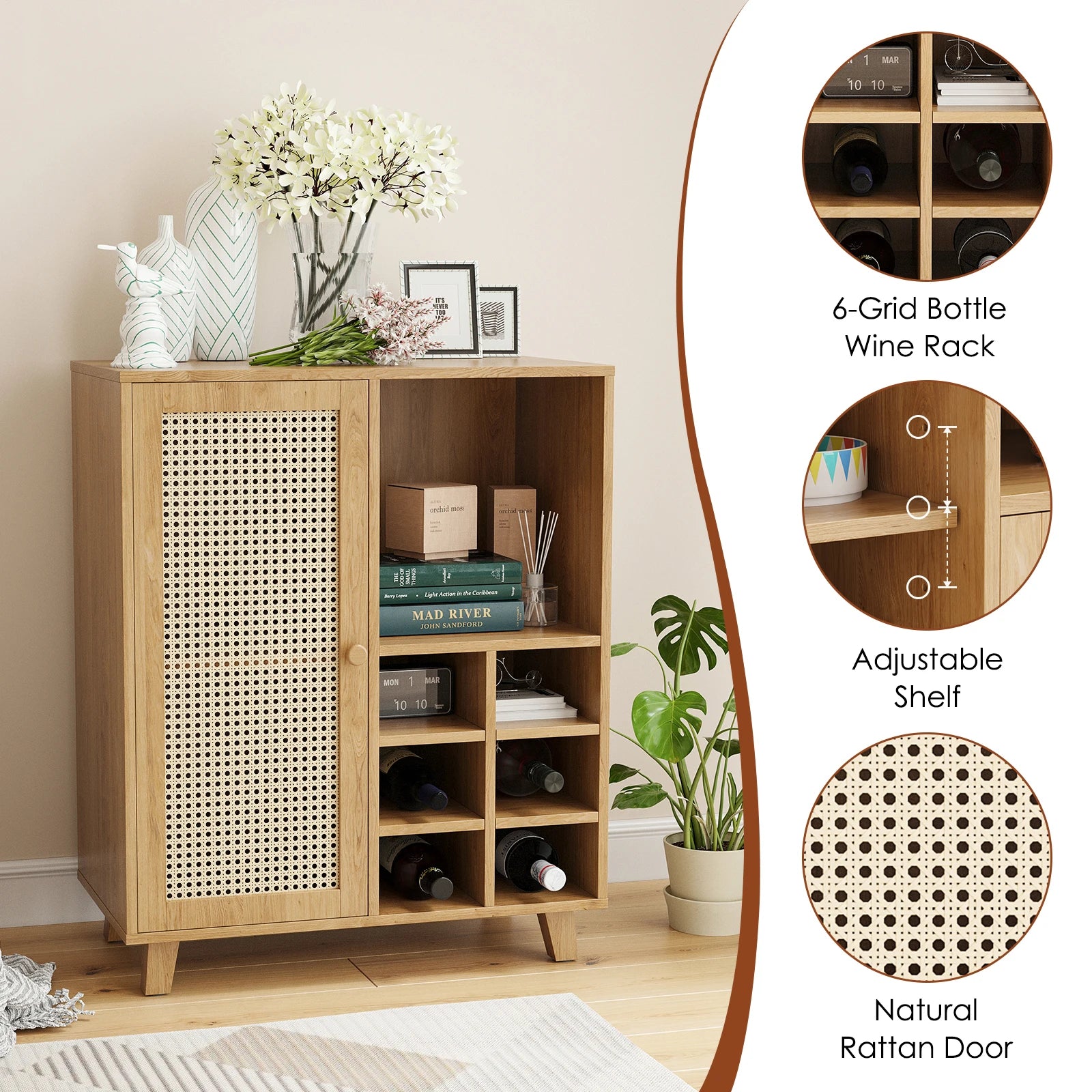 47" Sideboard Cabinet with Wine Racks & Storage, Buffet Table for Living Room, Farmhouse Home Bar Furniture