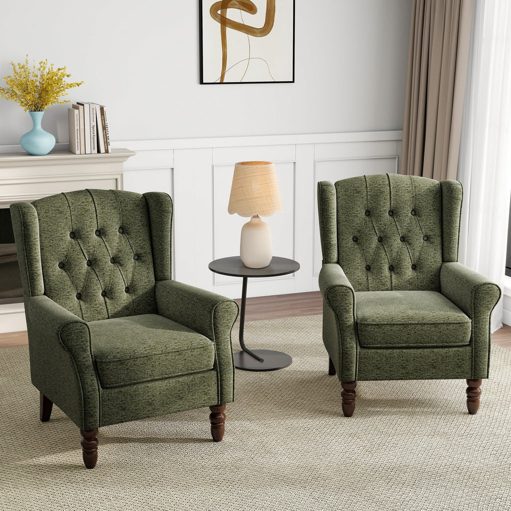 Wingback Accent Chair Upholstered Arm Chair High Back Chair Living Room with Solid Wood Frame, Tufted Green