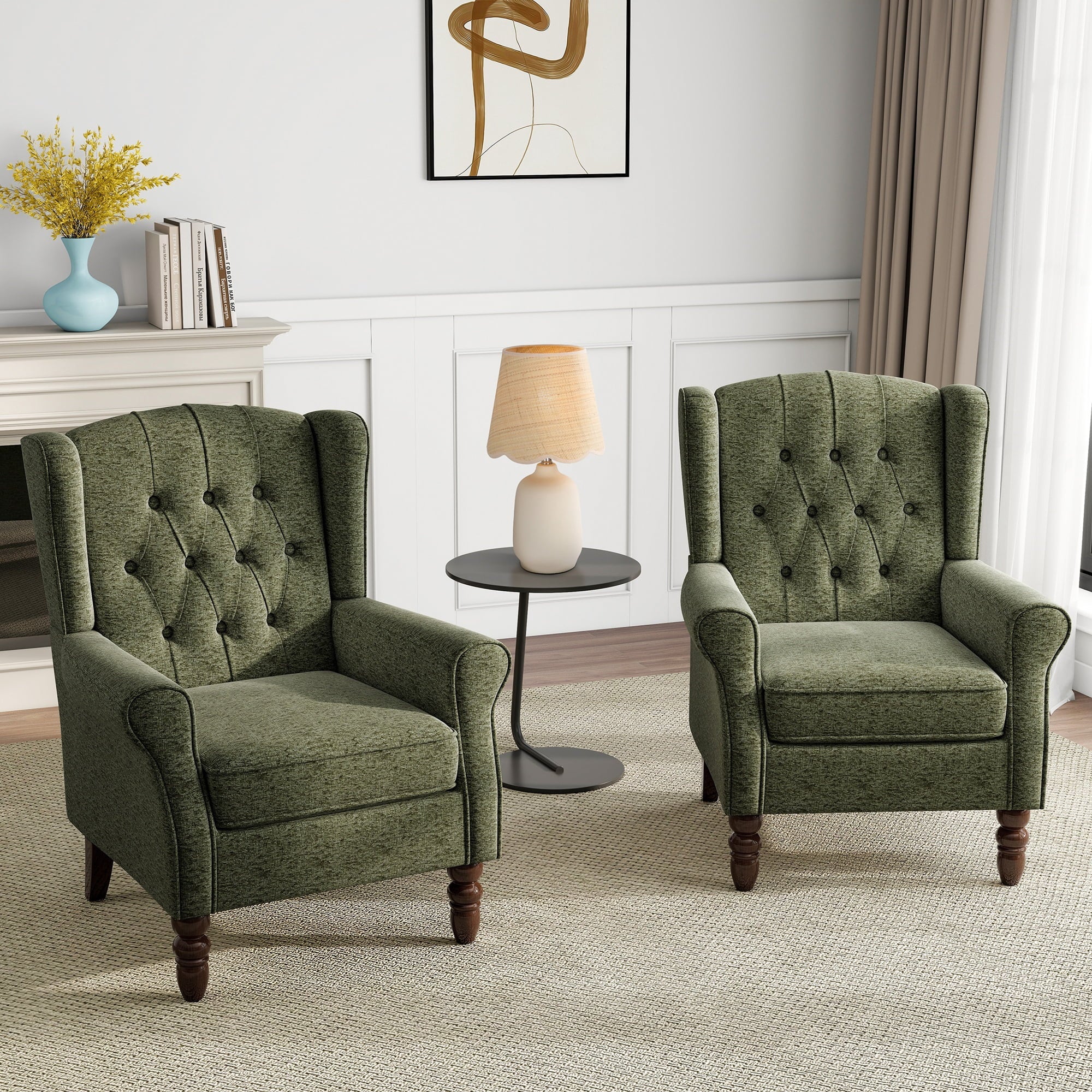 Wingback Accent Chair Upholstered Arm Chair High Back Chair Living Room with Solid Wood Frame, Tufted Green