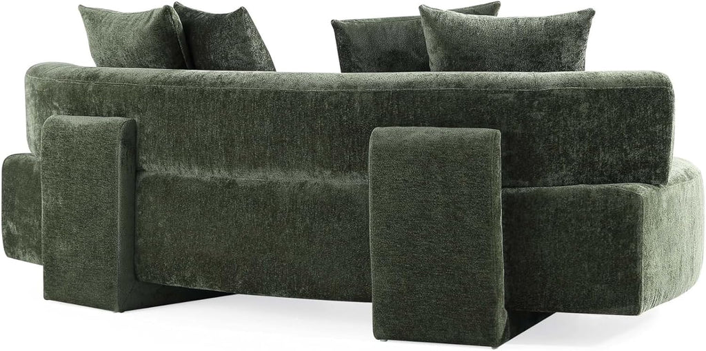 Verandah 90.6” Chenille Sofa with 4 Accent Pillows, Curved Back, Upholstered Wrap around Legs, Mid-Century Modern Living Room Furniture, Fully Assembled Couch, Olive Green