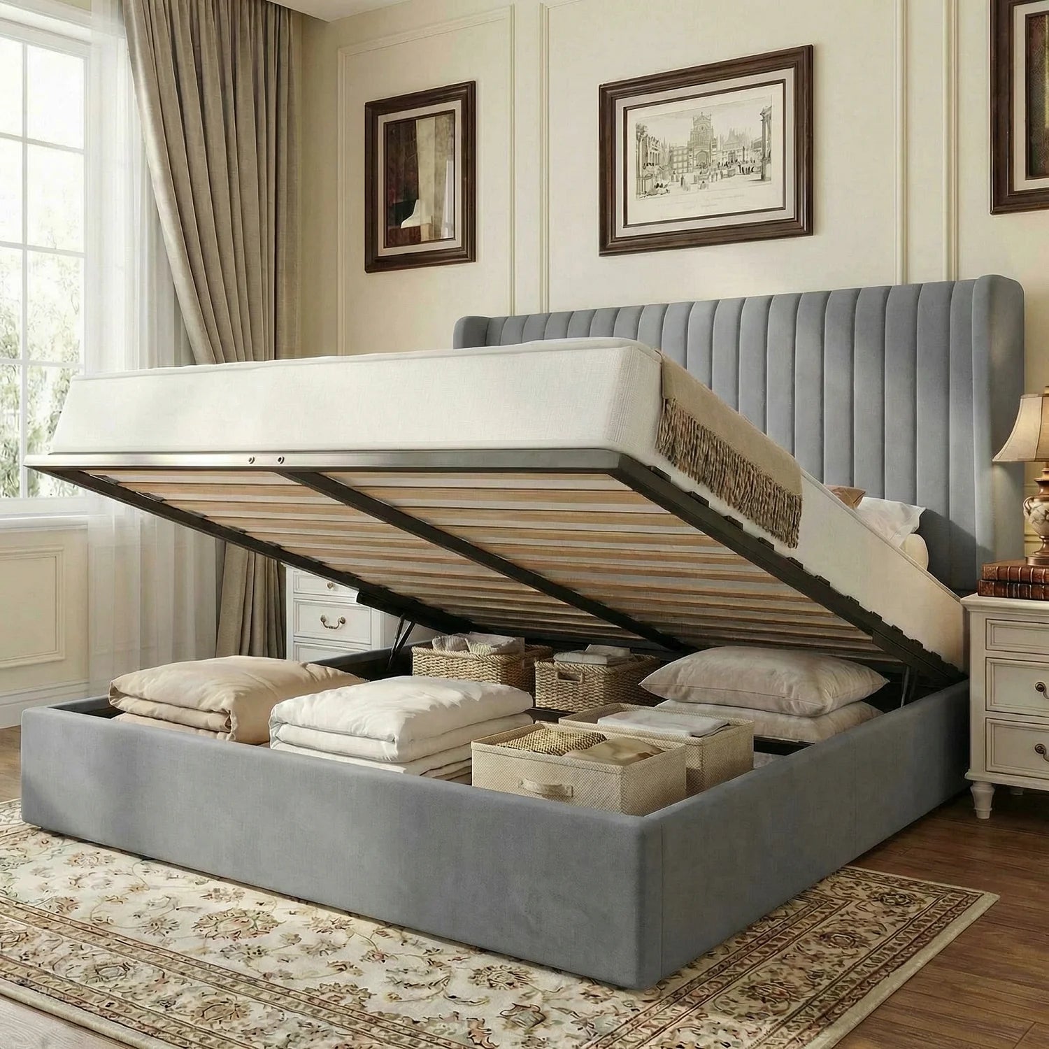 Upholstered lift up storage platform bed