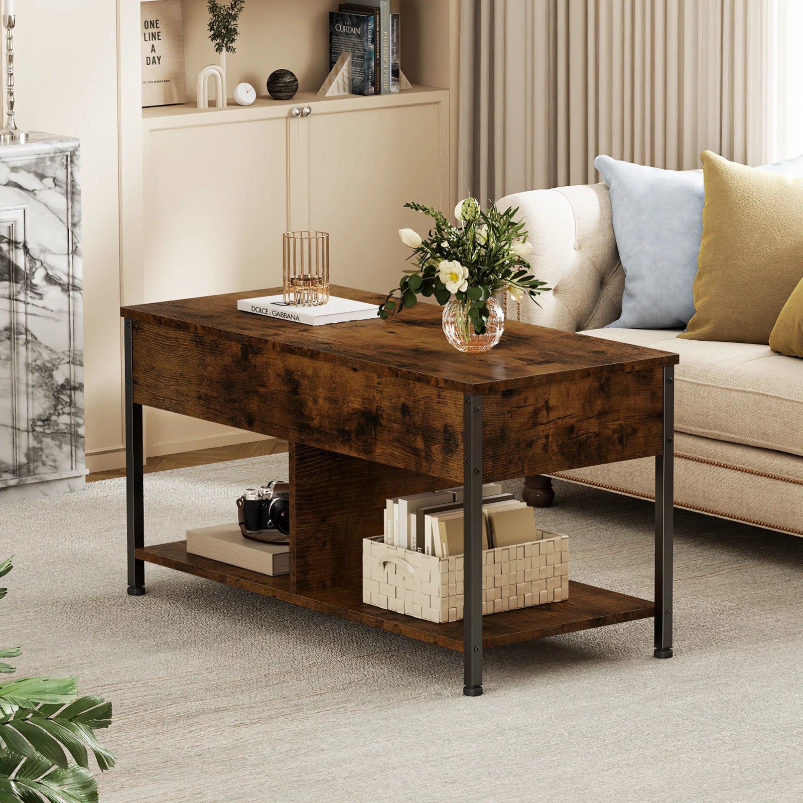 39IN Lift Top Coffee Table with Storage for Living Room Wood Adjustable 2 Shelves Easy Lift or Lower for Tea Dining Tables