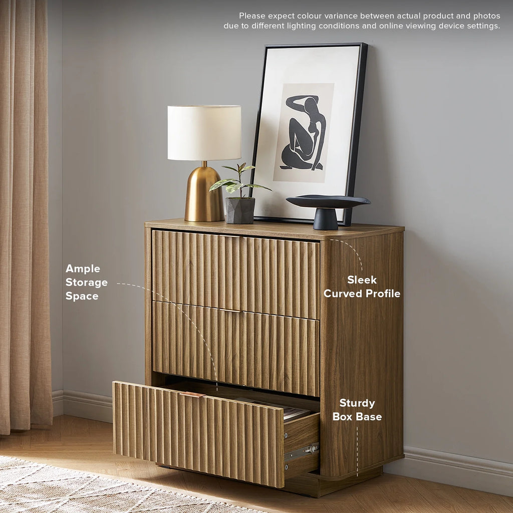 Brooklyn Mid-Century Modern Dresser Credenza, Waveform Panel, 3 Drawers, Anti-Tipping (Walnut)