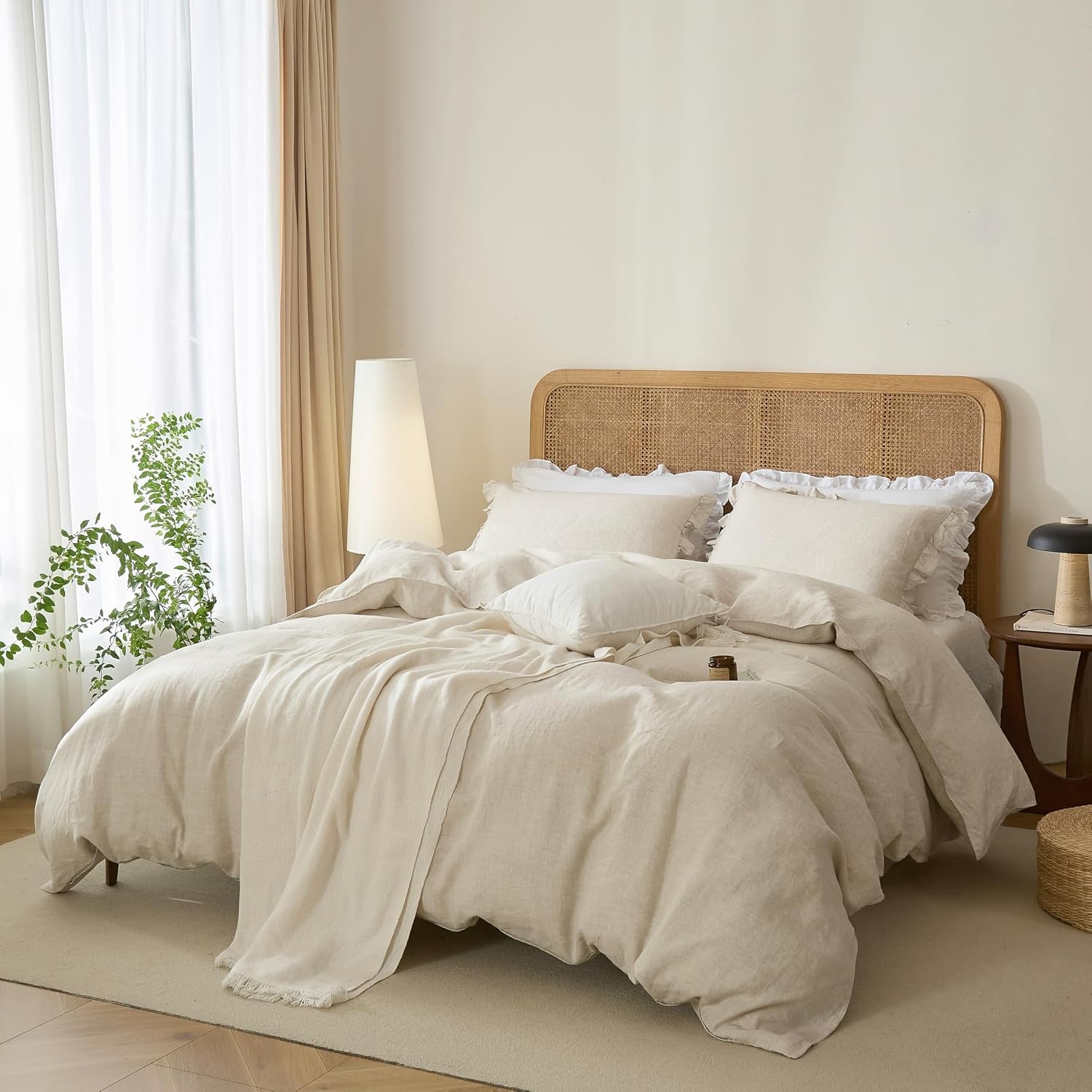 100% French Linen Queen Duvet Cover Set, Organic Linen | Organic French Linen 3PC Duvet Cover Set,Cooling for Hot Sleepers,Moisture Wicking Durable,Ruffle Pillow Shams,Natural Linen