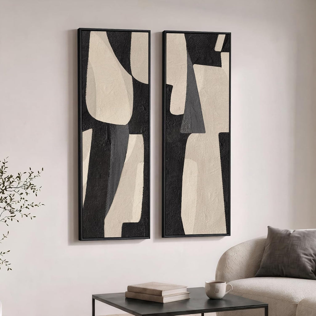 Framed Black Beige Abstract Long Vertical Wall Art for Living Room, 2 Piece | Long Narrow, Oversized, Canvas Prints, Abstract Pictures, Vertical, Modern Artwork, Black and Beige, Hallway Wall Decor