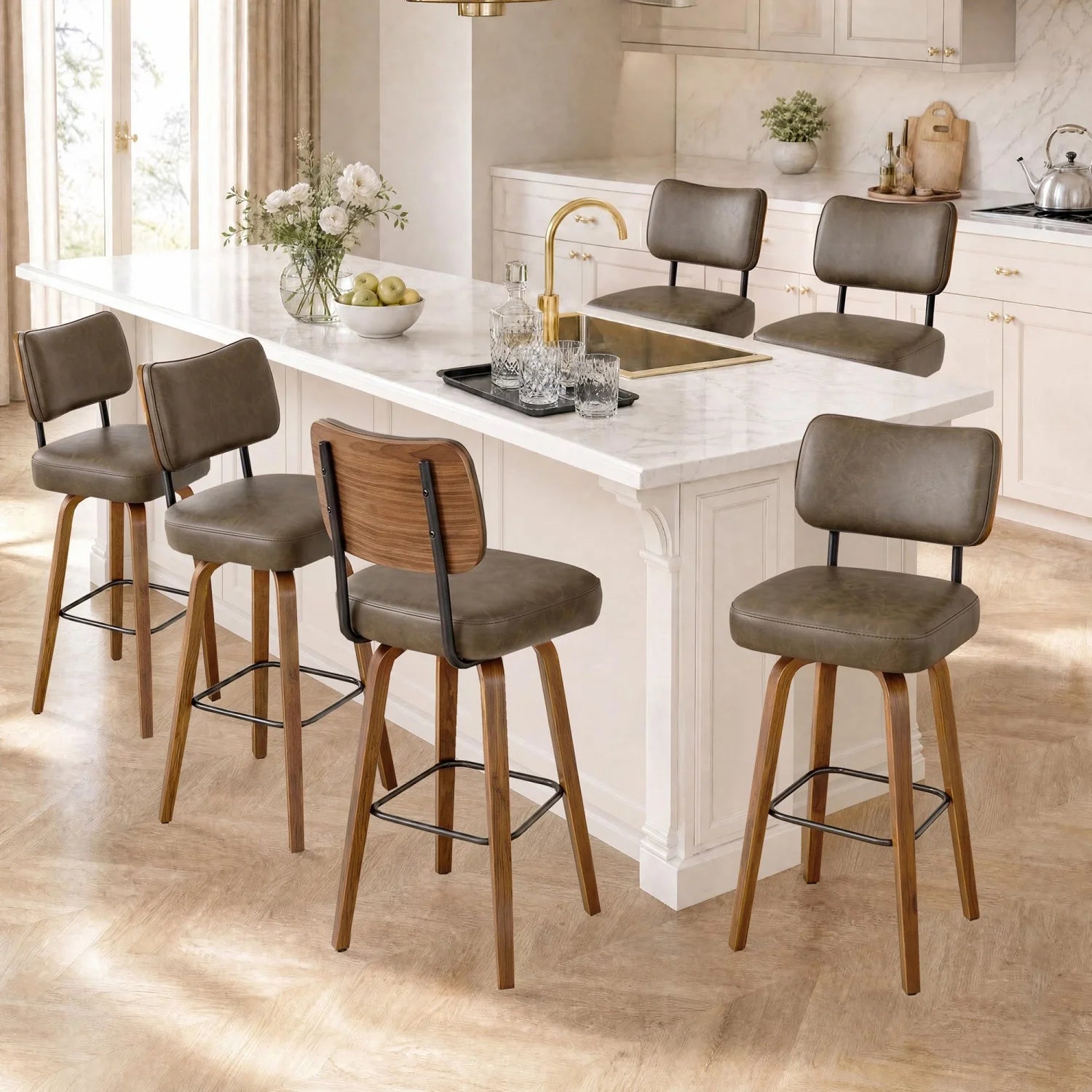 3 Pack Counter Height Bar Stools, Swivel Bar Stools with Back & Wood Legs,Faux Leather Upholstered Counter Stools for Kitchen Counter