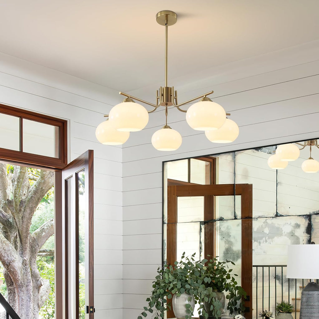 5-Light Brushed Brass Gold White Milk Glass Globe Sputnik Chandelier | 7.1” Shade, Adjustable Height, Mid Century Modern Ceiling Pendant Light Fixture for Dining Room Kitchen Living Room Bedroom