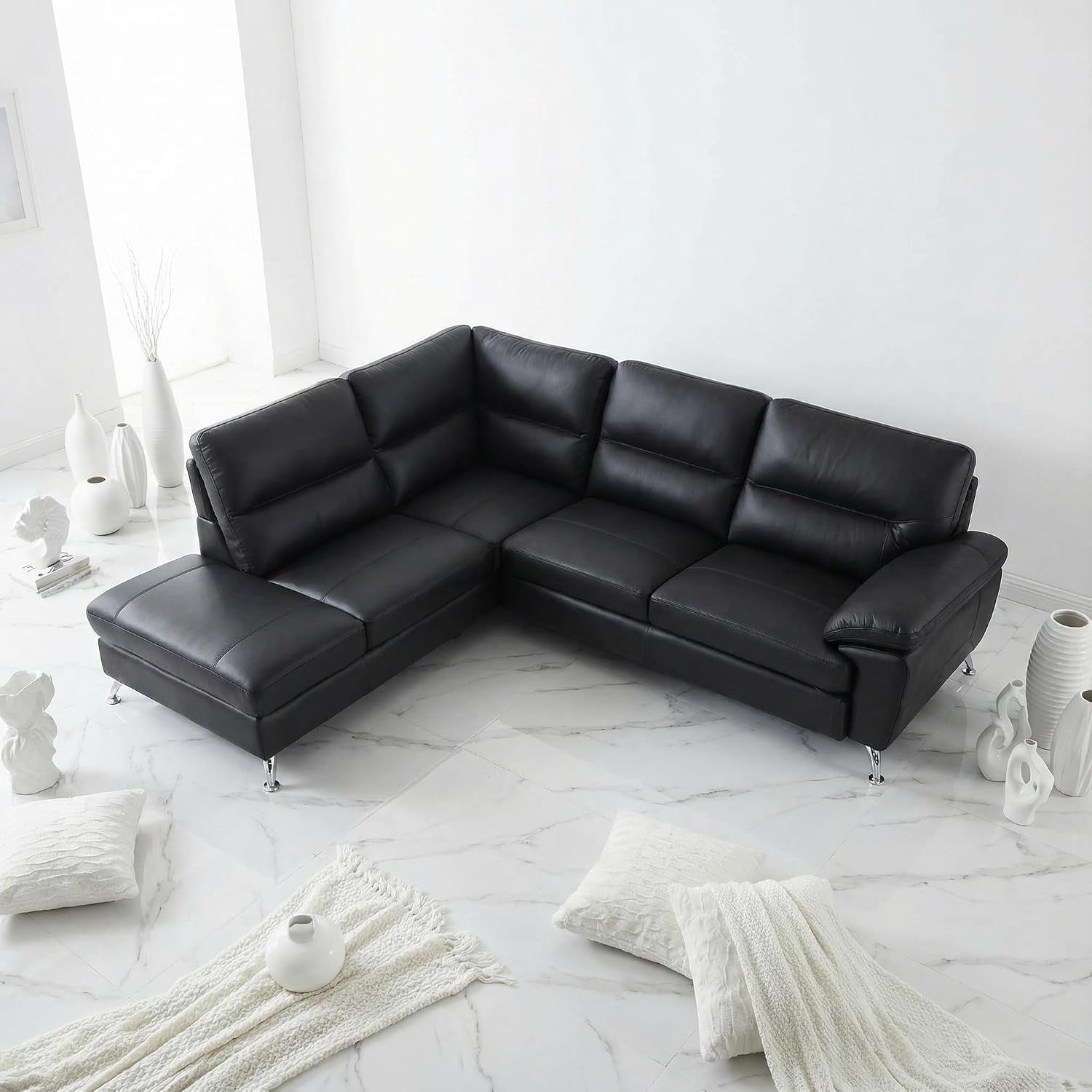 Contemporary Boston Genuine Leather Sectional Sofa with Left Chaise Lounge, Black 80"X98"