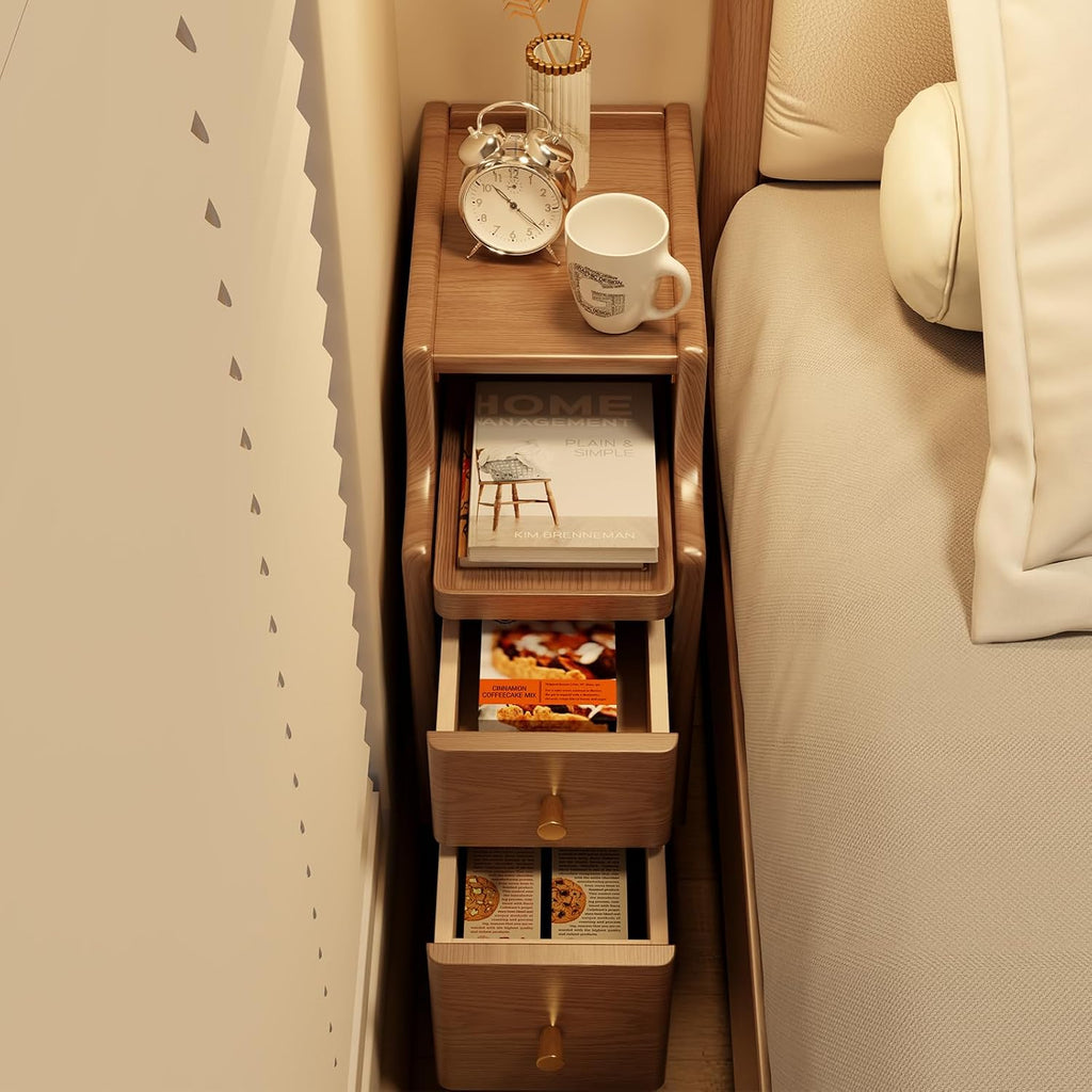 Narrow Nightstand with Drawers, Wood Bedside Table, Small Walnut Nightstand Set of 2