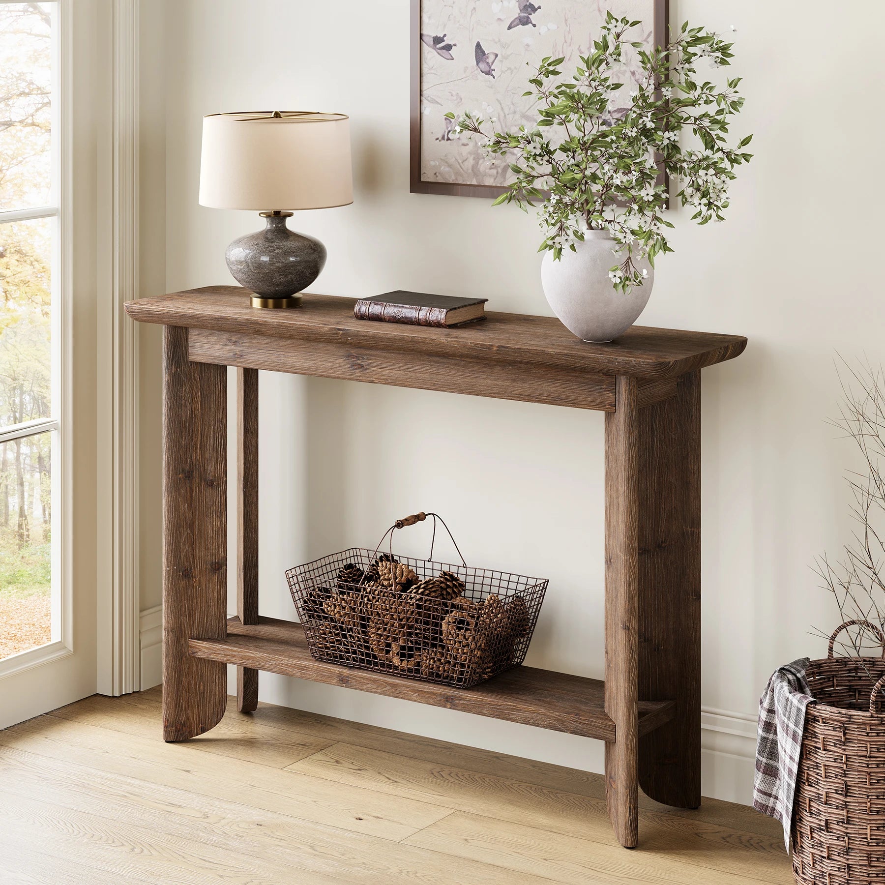 41.3 Inches Sofa Table, Solid Wood 2-Tier Console Table for Living Room, Modern Sofa Table behind Couch, Hallway Foyer Table, Walnut