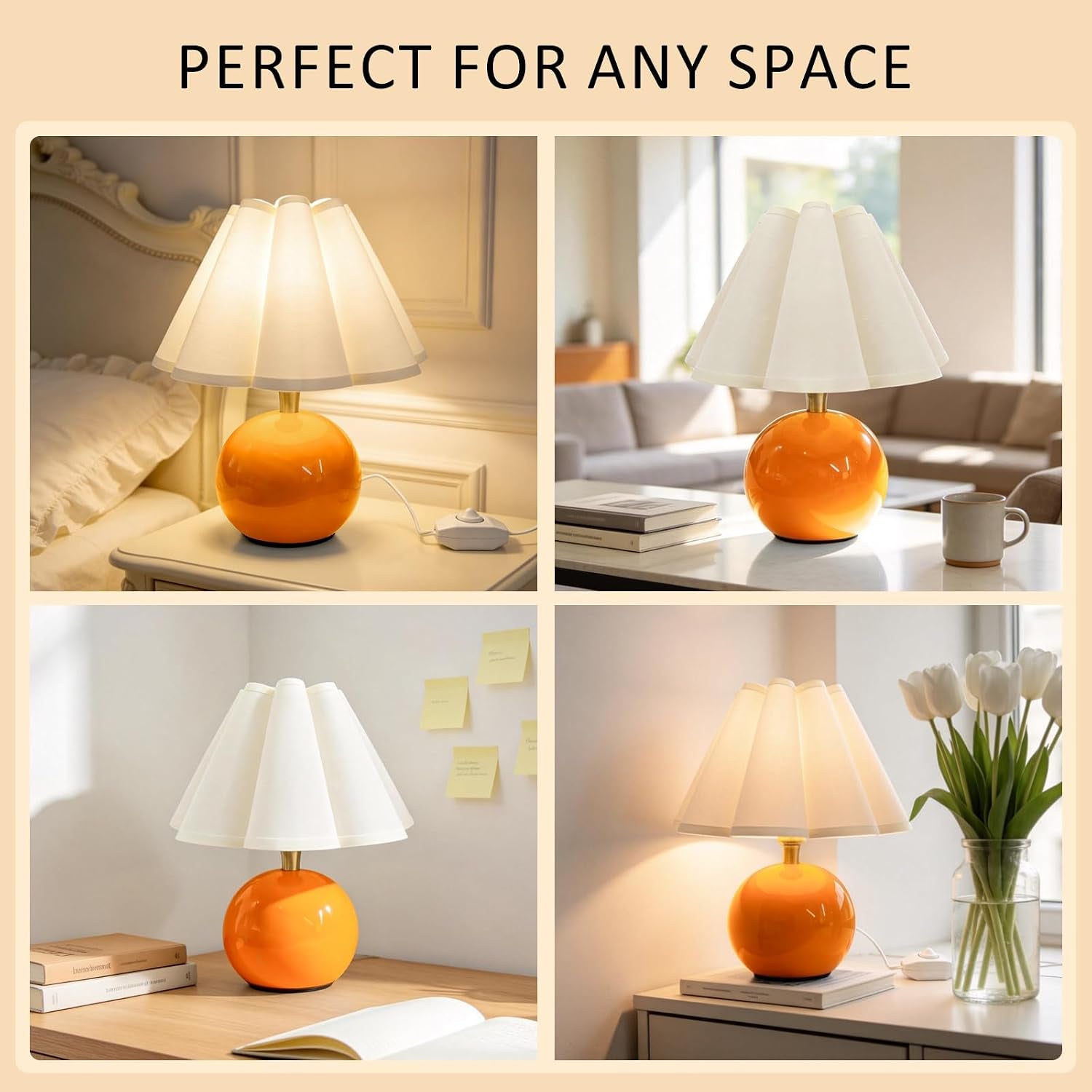 Small Bedside Table Lamp, 11.8'' Ceramic Stepless Dimmable Lamp (Orange) | with Scalloped Fabric Shade for Nightstand & Living Room. Perfect for Quiet Nights to Create a Cozy, Relaxing Atmosphere