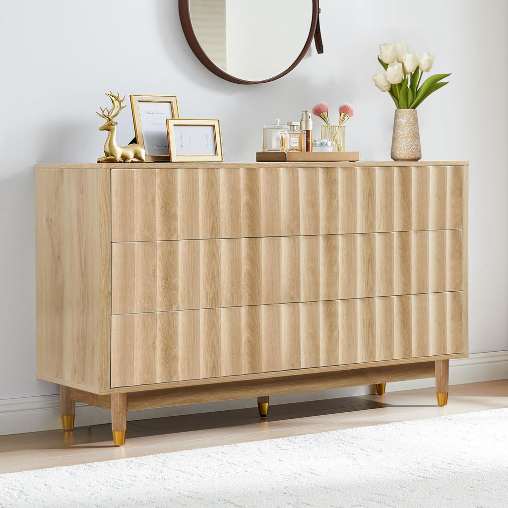 53" Wide Fluted 6 Drawer Dresser | Modern Storage Chest of Drawers, Wood Drawer Organizer for Bedroom, Living Room, Hallway