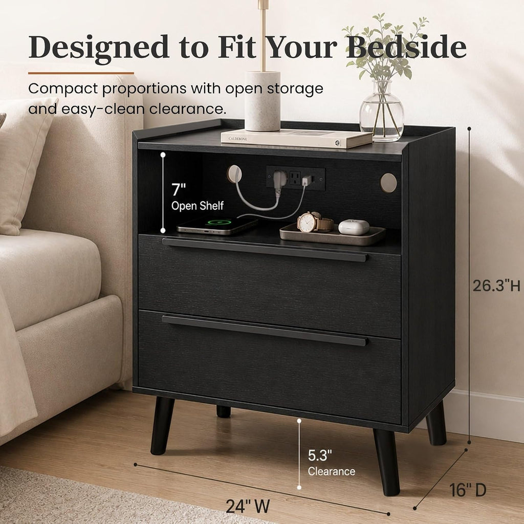 26 Inch Tall Black Oak Nightstand with Charging Station, 2 Drawers | 24 Inch Wide, 16 Inch Deep Design with Raised-Edge Tray Top, Open Shelf, Hidden Storage, and a Streamlined Look