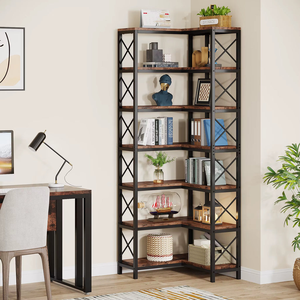 Seven tier corner bookshelf with metal frame