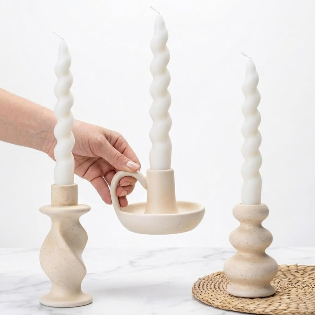 Ceramic Taper Candle Holders, Nordic Candlestick Holder Set of 3 | Cream White Modern Decorative Candle Stand for Home Decor, Dining Table Centerpiece, Housewarming Gift