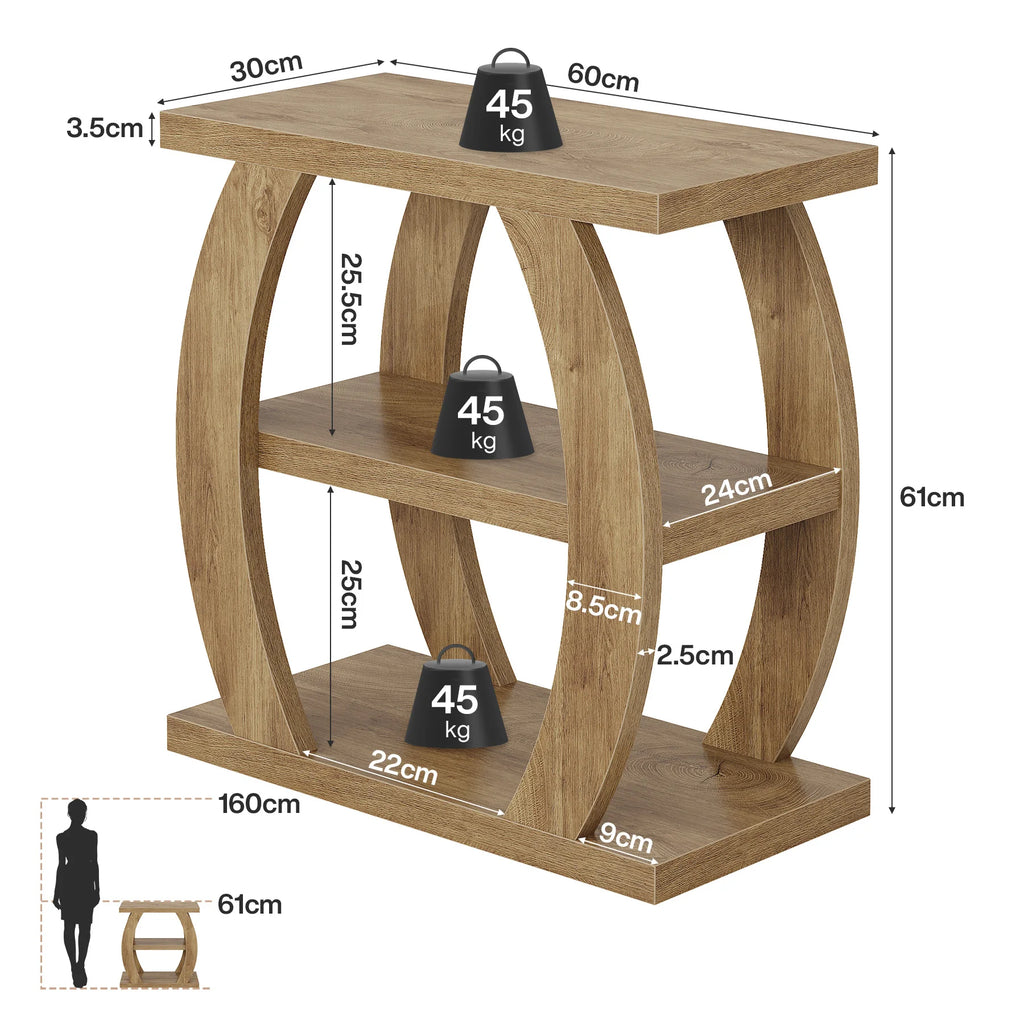 End Table for Living Room, 3-Tier Narrow Side Table with Storage, Farmhouse Wooden beside Table with Geometric Frame, Tall Nightstand for Bedroom, Small Spaces, Natural Oak