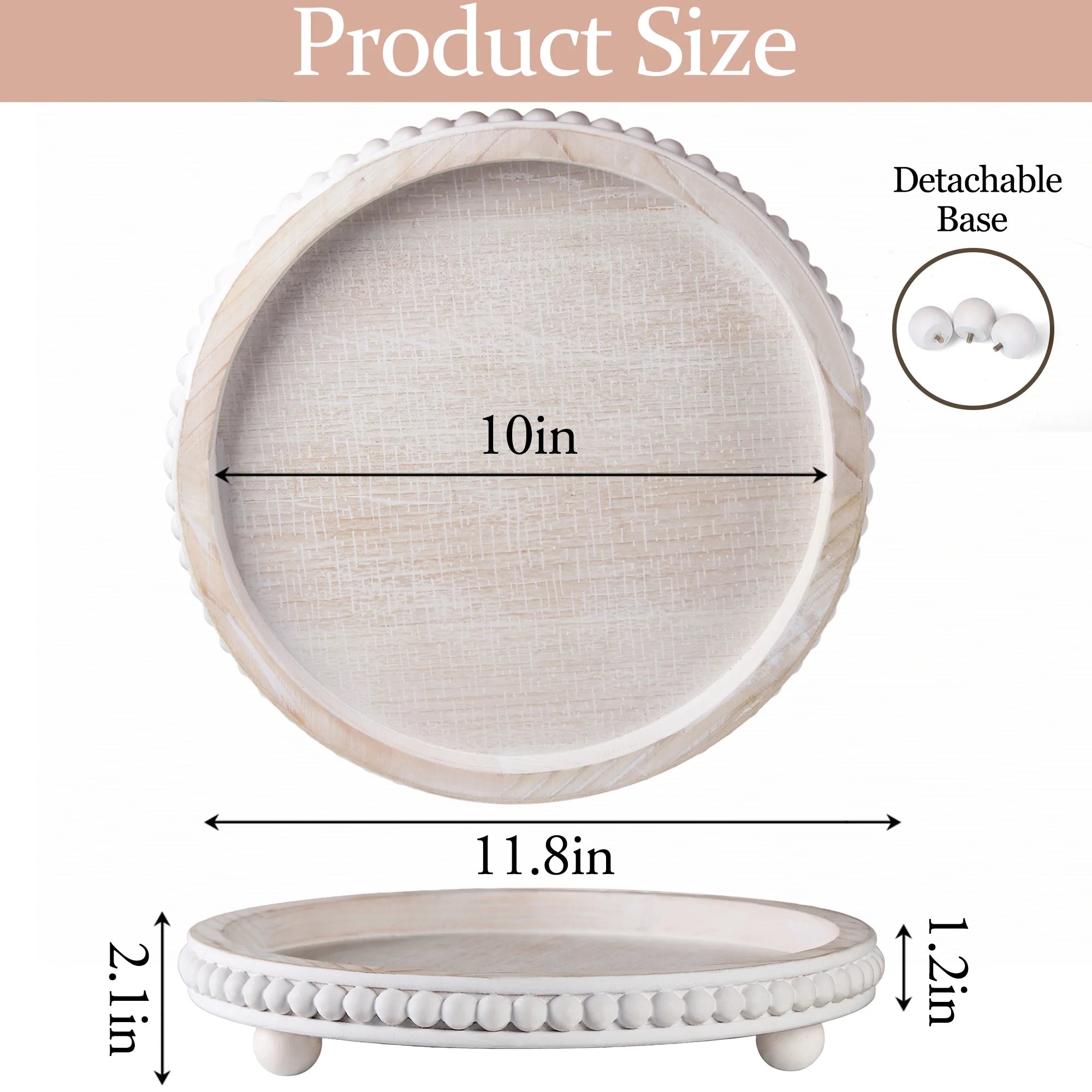 FZBCTLDZ 12" round Decorative Tray for Coffee Table, White Distressed Farmhouse Wood Tray with Beaded Rim, Rustic Home Decor Centerpiece Tray