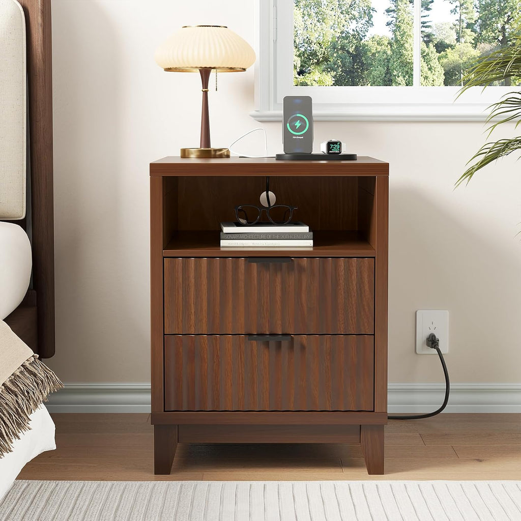 Fluted Nightstand with Charging Station, Modern Night Stand with 2 Slide Drawers and 1 Open Shelf, Walnut End Table with Metal Handles, Bedside Table for Bedroom, 17.7 X 17.7 X 23.6In