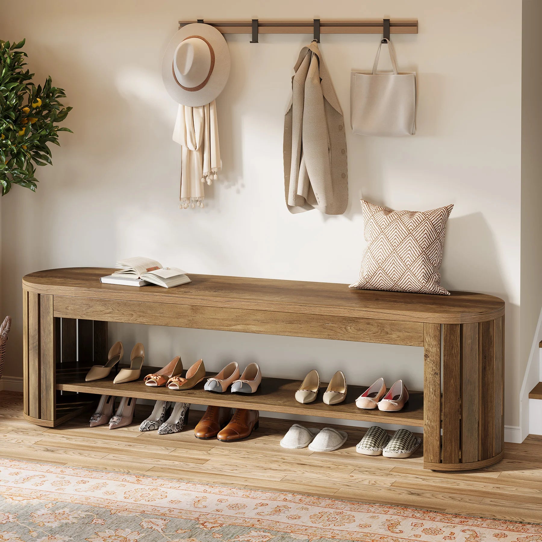 Tribesigns 63" Wooden Entryway Bench with Shoe Storage, Long 2-Tier Narrow Shoe Bench with Arc Vertical Slat Splicing Legs, End of Bed Stool for Bedroom, Entrance, Living Room (Brown)