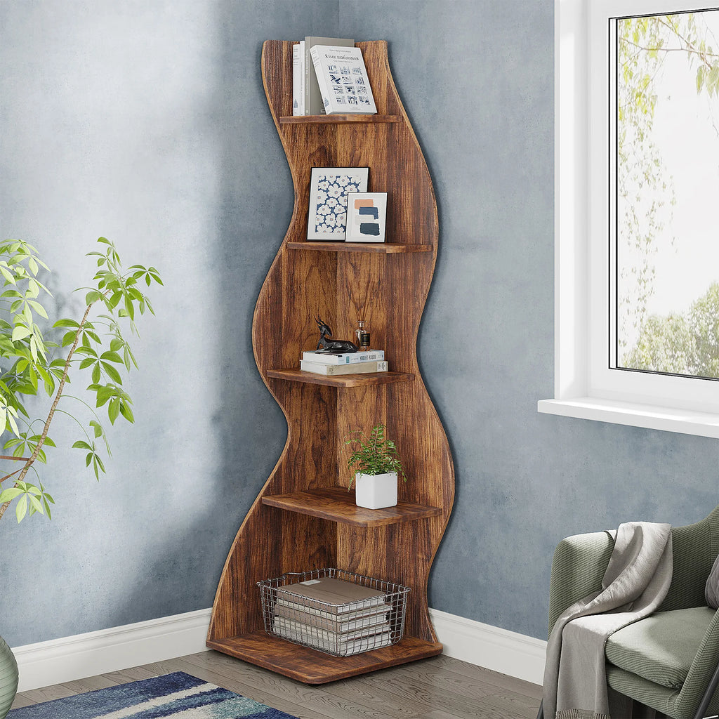 Corner Shelf, Rustic 5-Tier Wall Corner Bookshelf, Stylish Corner Small Bookcase Storage Rack Plant Stand with Unique