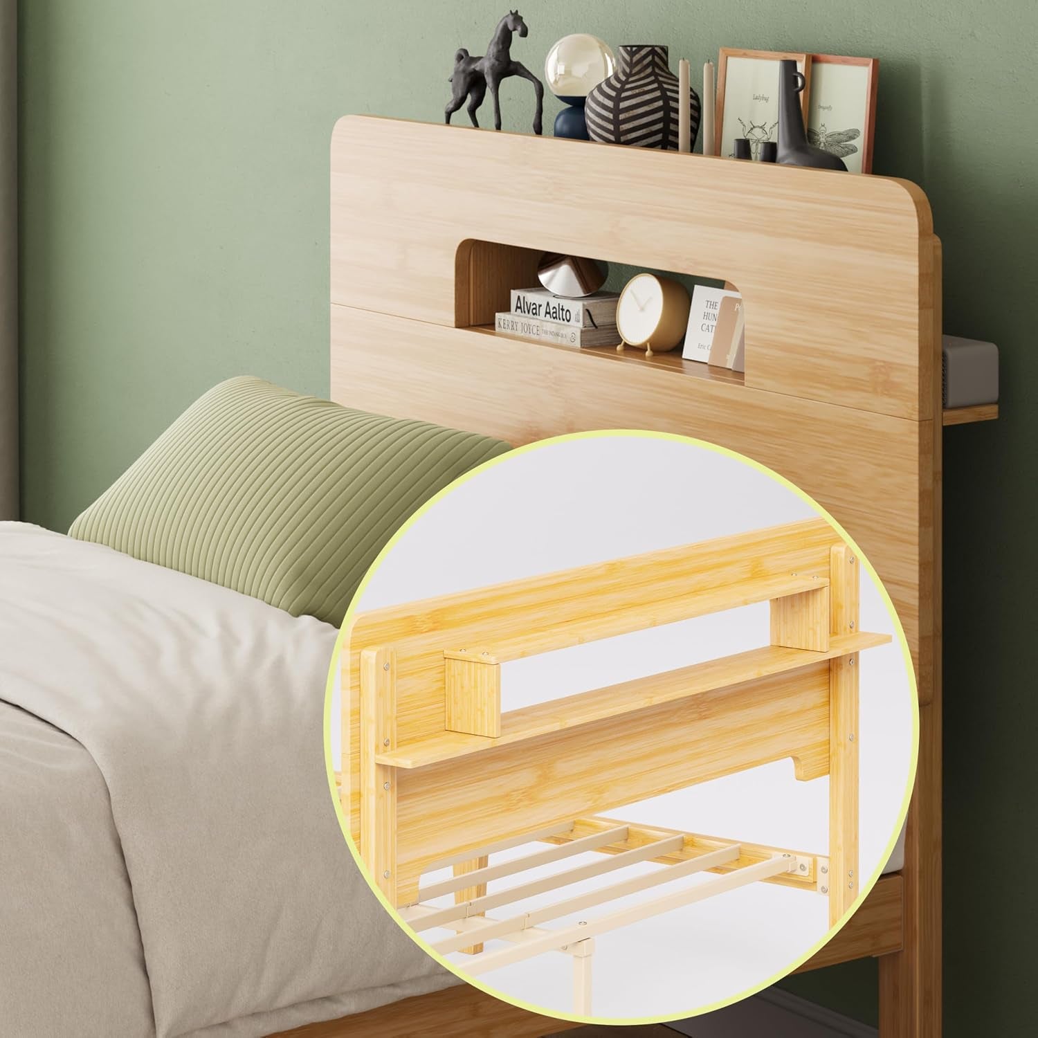 Solid Bamboo Wood Bed Frame Twin with Storage Headboard, 14 Inch Platform Bed Frame Twin Size No Box Spring Needed with Steel Slats, Sturdy and Stable, Easy Assembly, Noise Free