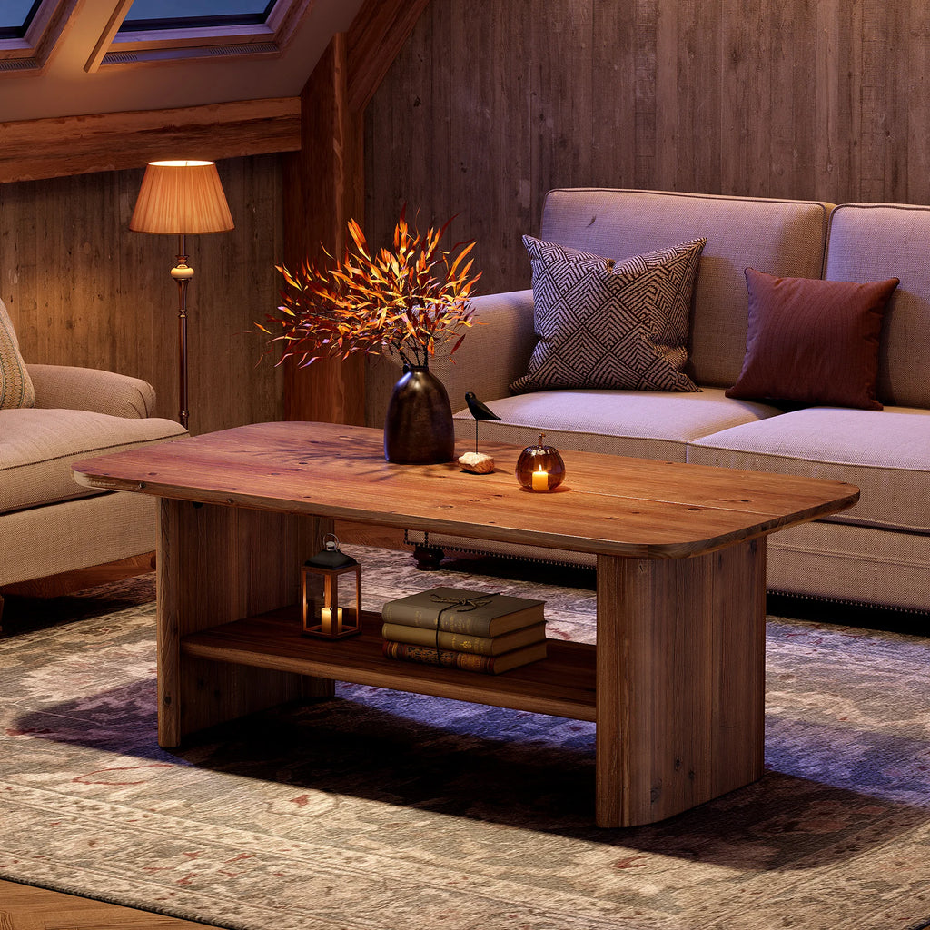 Solid Wood Coffee Table for Living Room, 47.24" Rectangle Coffee Table with Storage, 2-Tier Farmhouse Center Furniture for Home, Apartment, Office, Brown