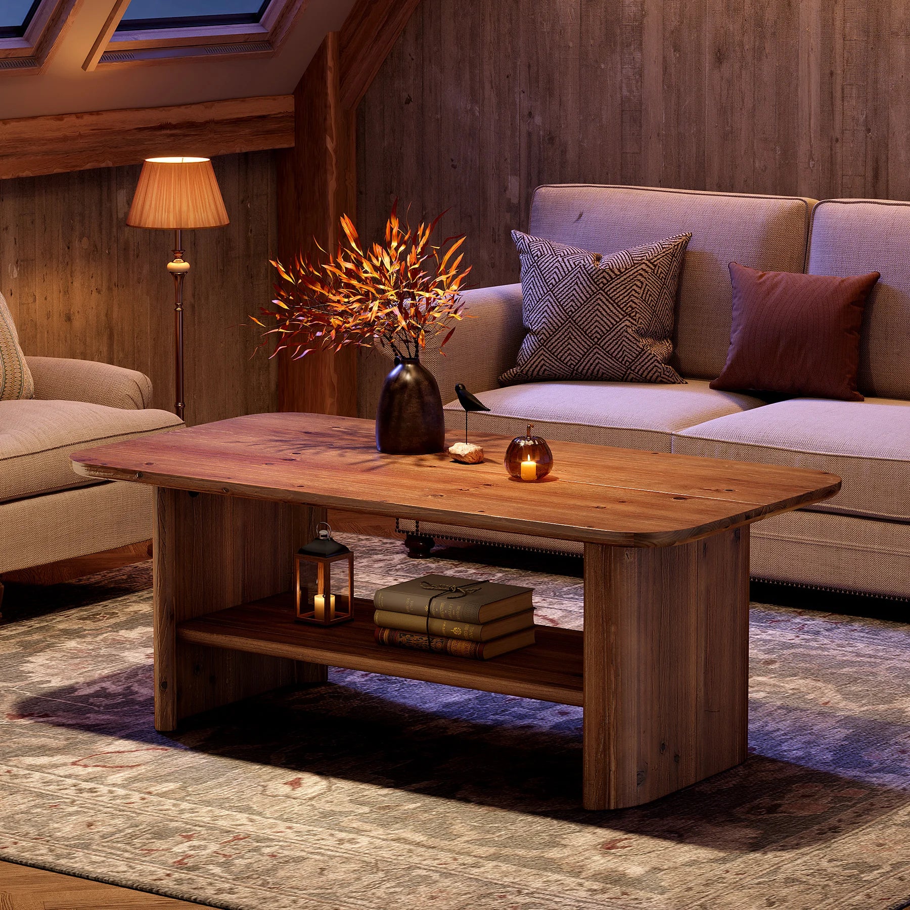 Solid Wood Coffee Table for Living Room, 47.24" Rectangle Coffee Table with Storage, 2-Tier Farmhouse Center Furniture for Home, Apartment, Office, Brown