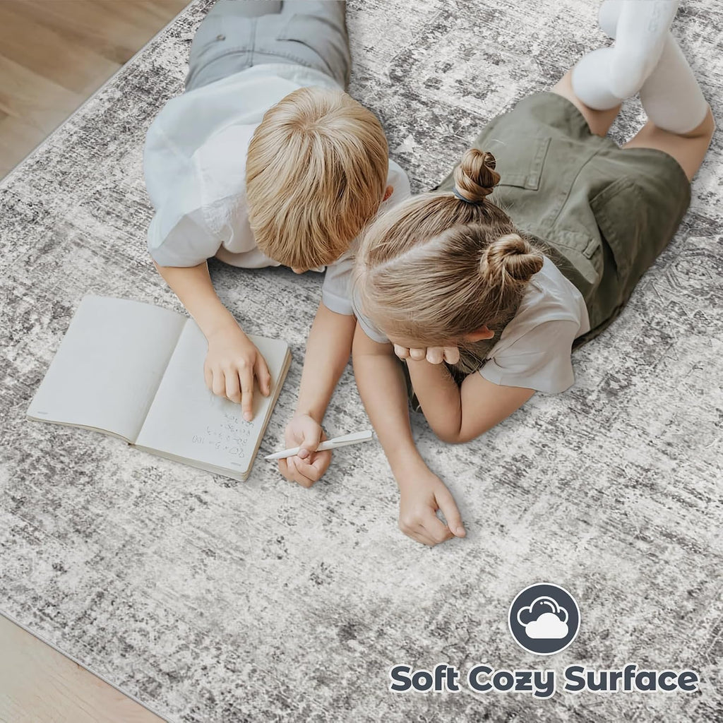 Area Rug 8X10 Washable Rug, Vintage Boho Medallion Rugs Non-Slip Soft Low Pile Large Distressed Rug Indoor Retro Carpet for Living Room Bedroom Dining Room Home Office (Grey, 8'X10')