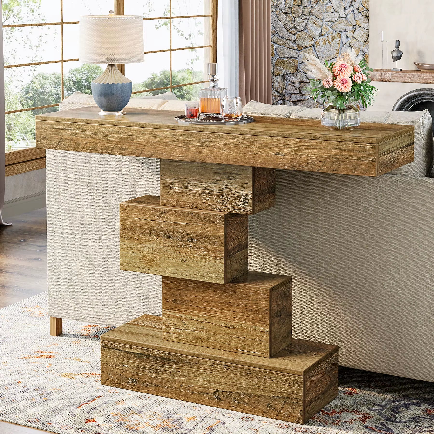 42.5" Farmhouse Console Table, Narrow Wood Sofa Table behind Couch with Geometric Base, Industrial Entryway Accent Ta