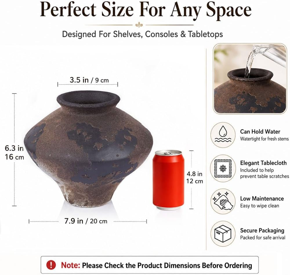 Wabi Sabi Rusty Vintage Vase, 6.3" Tall Wabi Sabi Decor Rustic Farmhouse Pottery Vase for Centerpiece, Textured Pottery Flower Vases for Home Decorative, Table, Living Room, Bedroom, Bathroom, Kitchen