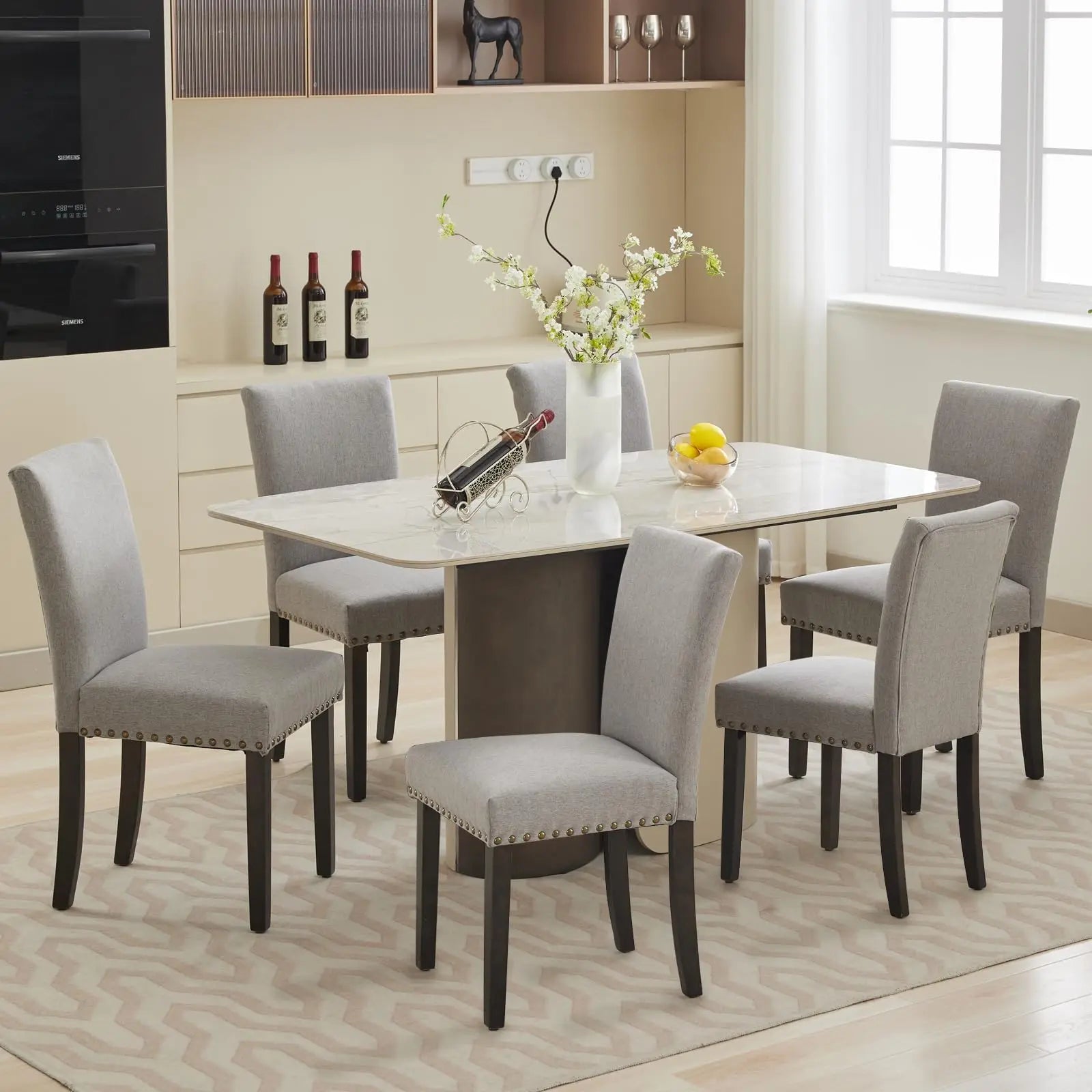 Upholstered Parsons Dining Chairs Set of 2, Fabric Padded Kitchen Chairs with Nailhead Trim & Sturdy Wood Legs, Modern Mid-Century Accent Seating for Living Room, Dining Room, Breakfast Nook