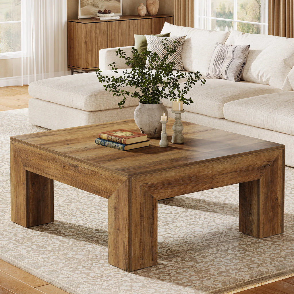 39.4-Inch Square Coffee Table for Living Room, Farmhouse All MDF Accent Center Cocktail Table with Sturdy Wooden Legs
