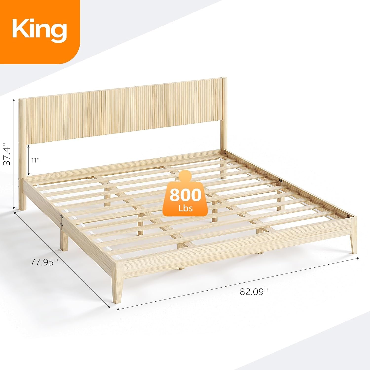 King Bed Frame with Fluted Headboard, Solid Wood Platform Bed with Slat Support,Boho Bedroom Furniture,Natural Wood