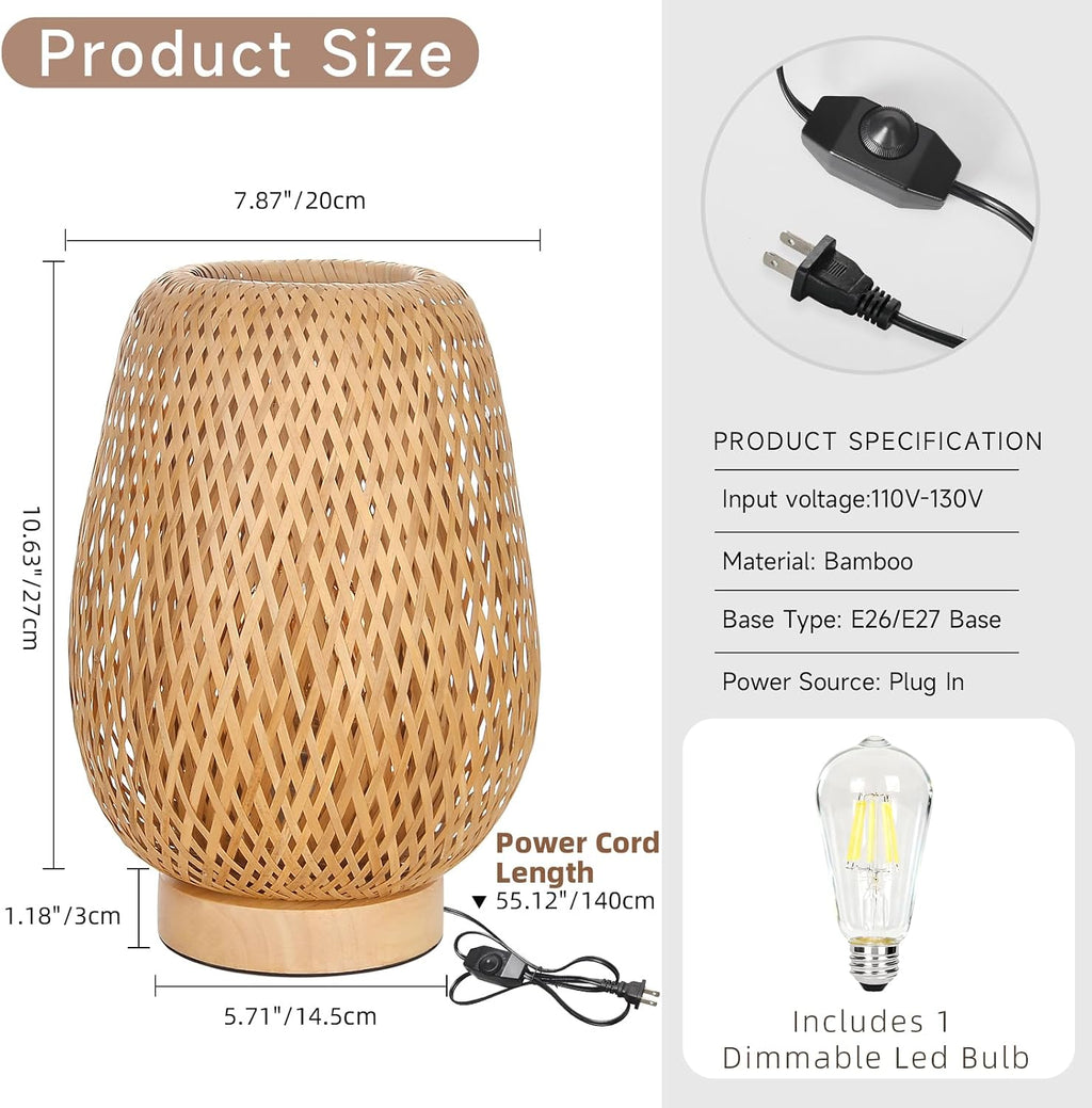 Boho Rattan Table Lamp, Stepless Dimmable Small beside Lamp, Vintage Nature Wicker Wooden Nightstand Boho Bamboo Woven End Table Lamps for Bedroom Living Room Desk Kids Room