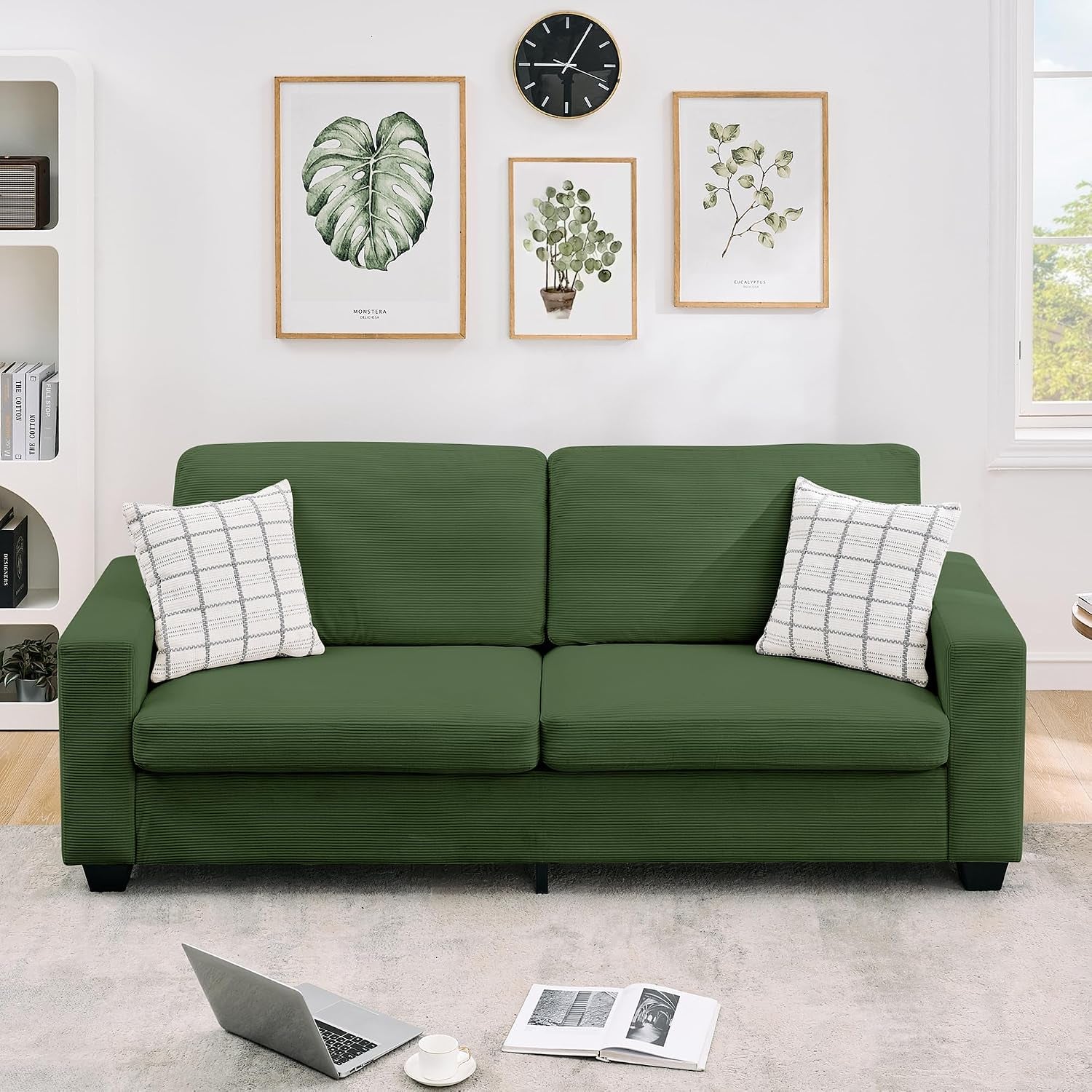 84" Corduroy Loveseat Sofa for Living Room, Modern Upholstered Sofa with Wide Armrests, Modern Plush Deep Seat Sofa Couch, Oversized Comfy 3-Seater Sofa for Living Room, Apartment, Green