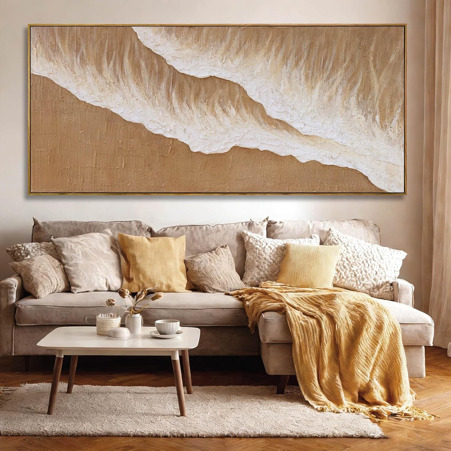 Beige Cream Neutral Abstract Wall Art, 32X70 Inch Large Framed Canvas Wall Art, Modern Horizontal Printed Artwork with Wooden Frame for Living Room