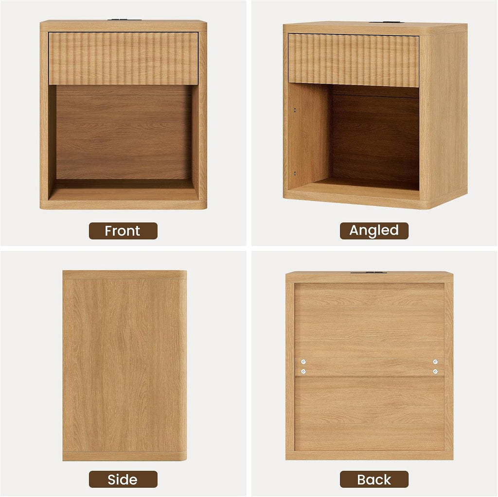 Fluted Nightstand Set of 2 with Charging Station, 21.7" Wide Modern Bedside Table with 1 Drawers Open Storage Cabinet, Wooden End Table for Bedroom, Natural Oak