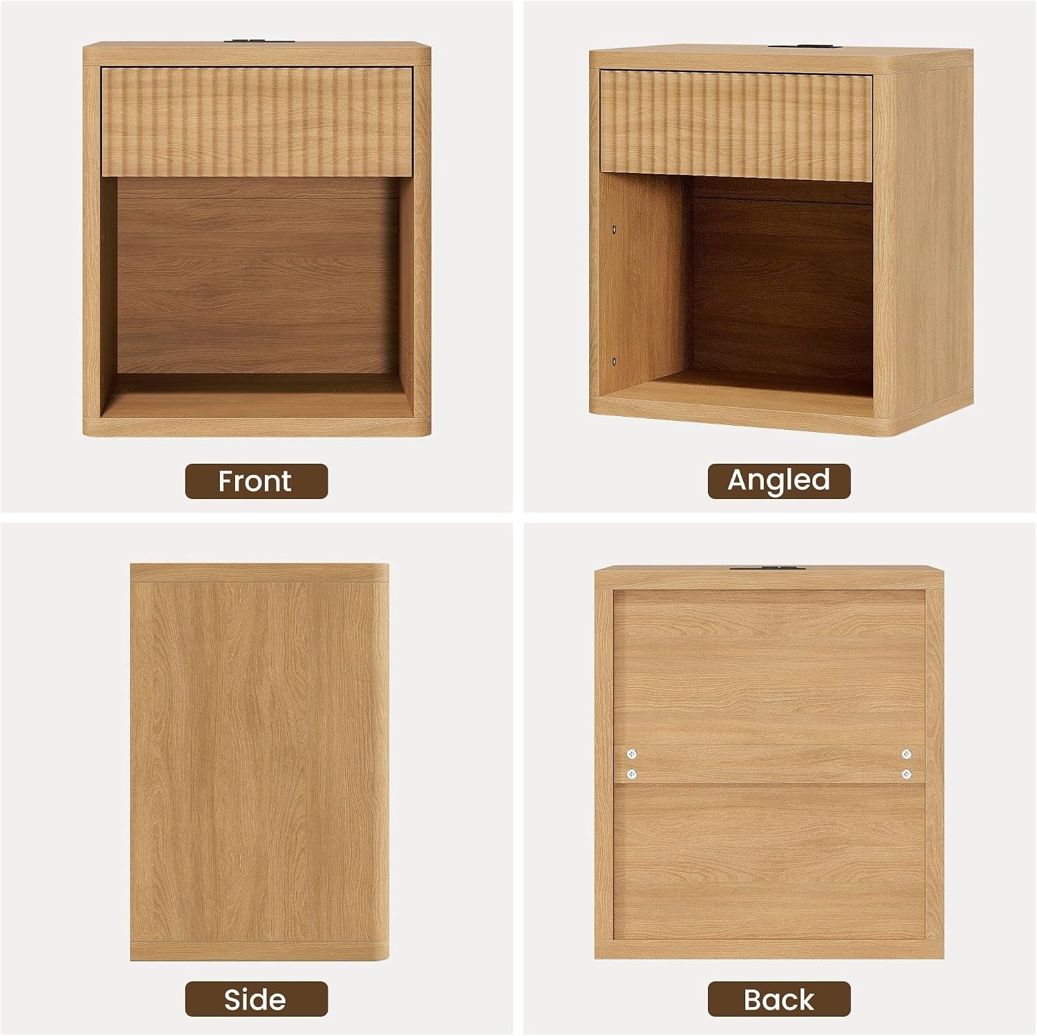 Fluted Nightstand Set of 2 with Charging Station, 21.7" Wide Modern Bedside Table with 1 Drawers Open Storage Cabinet, Wooden End Table for Bedroom, Natural Oak