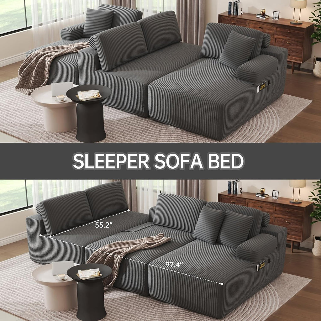 126" Oversized Cloud Couch, U-Shaped Boneless Sectional with Deep Seat Gray | Deep Seat Modular Sofa, Corduroy Boneless Sofa with Chaise, No Assembly Required