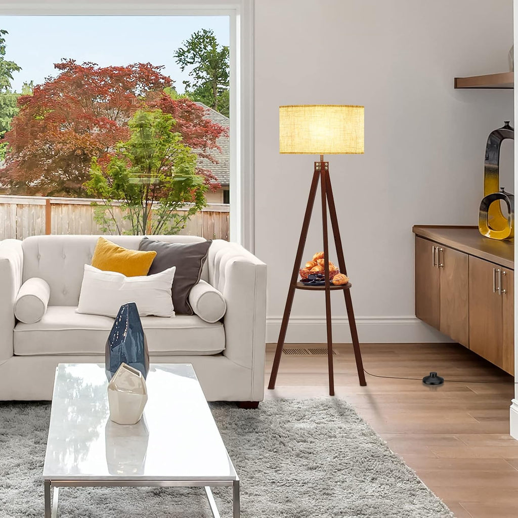 Shelf Floor Lamp Tripod Mid Century Modern Lamps for Living Room | Light-Diffusing Linen Shade, Premium Rubberwood, E26 Base, Foot Switch, Adding Warmth to Bedroom, Office & Corner Walnut