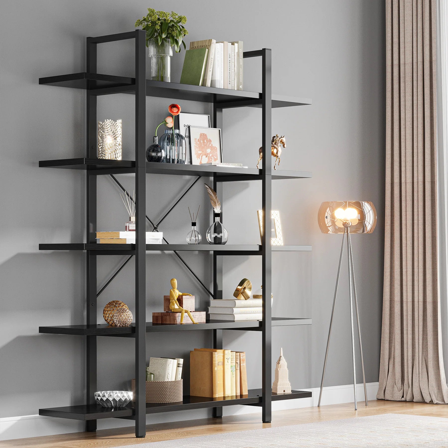 5-Tier Bookshelf, Vintage Industrial Style Bookcase 72 H X 12 W X 47L Inches