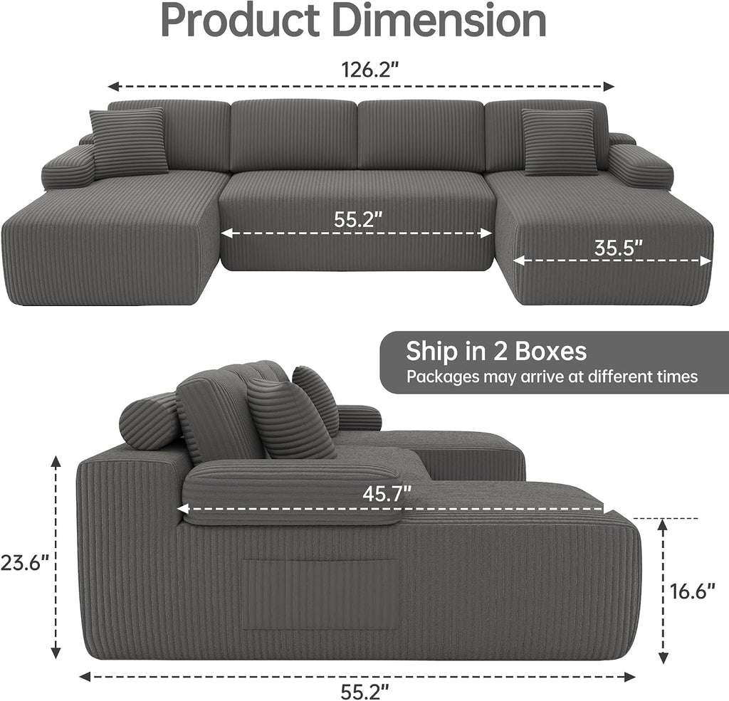 126" Oversized Cloud Couch, U-Shaped Boneless Sectional with Deep Seat Gray | Deep Seat Modular Sofa, Corduroy Boneless Sofa with Chaise, No Assembly Required